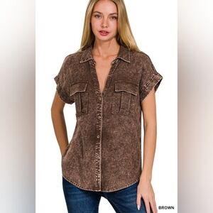 NWT - Linen Blend Acid Washed Button Down Batwing Sleeve Brown Shirt - XL